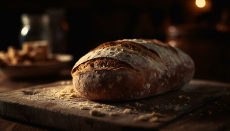 Freshly baked bread on rustic wooden table generated by artificial intelligenceの素材
