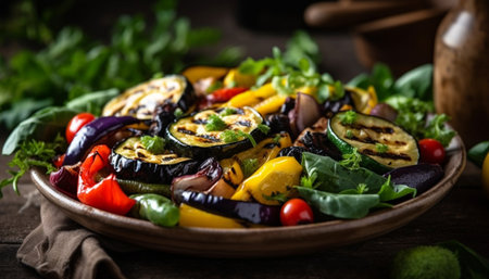 Grilled vegetarian salad on rustic wooden plate generated by artificial intelligenceの素材