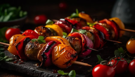 Grilled meat and vegetable skewers on plate generated by artificial intelligenceの素材