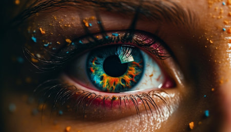 Caucasian woman eye staring, reflecting futuristic colors generated by artificial intelligenceの素材