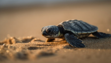 Slow turtle crawling on sand in tropical climate generated by artificial intelligenceの素材