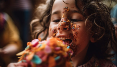 Cute girls enjoying sweet birthday chocolate party indoors generated by artificial intelligenceの素材