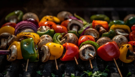 Grilled vegetables on skewer, healthy summer meal generated by artificial intelligenceの素材