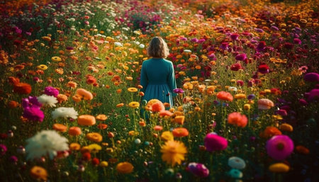 Blond woman holds wildflowers, smiling in meadow generated by artificial intelligenceの素材