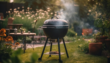 Grilled meat on green table in nature generated by artificial intelligenceの素材