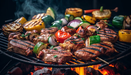 Grilled meat and vegetables on glowing coals generated by artificial intelligenceの素材