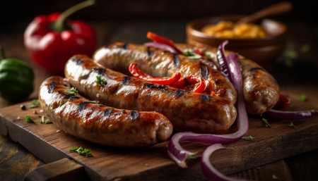 Grilled pork, beef, and bratwurst appetizer plate generated by artificial intelligenceの素材