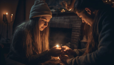 Caucasian women smiling, celebrating with candlelight indoors generated by artificial intelligenceの素材