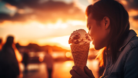 Caucasian women holding ice cream, enjoying summer generated by artificial intelligenceの素材