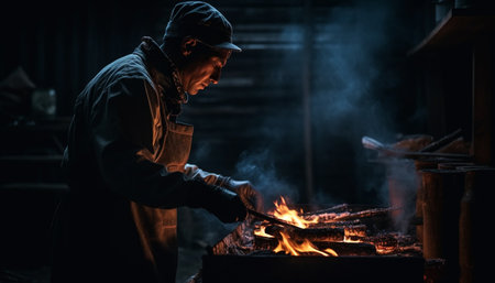 Craftsperson working with metal in glowing workshop generated by artificial intelligenceの素材