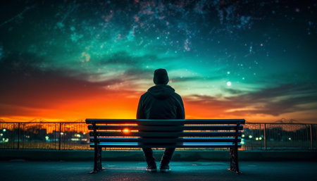 Silhouette of adults sitting on bench, tranquil scene generated by artificial intelligenceの素材