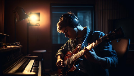 Caucasian guitarist practicing guitar indoors with headphones generated by artificial intelligenceの素材