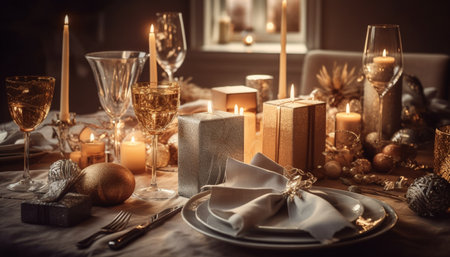 Glowing candlelight illuminates elegant winter celebration table generated by artificial intelligenceの素材