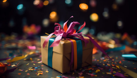 Wrapped gift box with shiny gold decoration generated by artificial intelligenceの素材