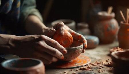 Craftsperson shaping clay on pottery wheel indoors generated by artificial intelligenceの素材