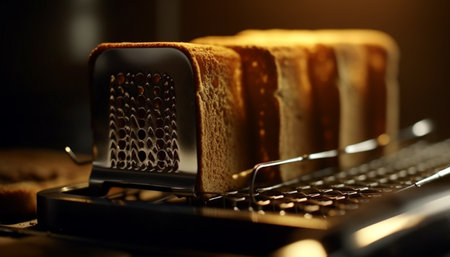 Freshly baked bread on metal cooling rack generated by artificial intelligenceの素材