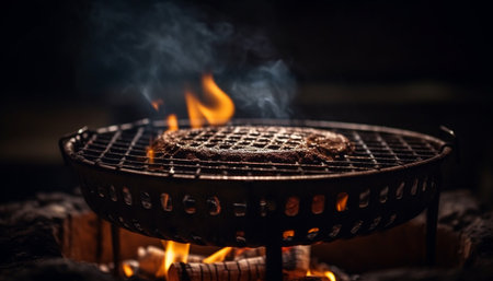 Grilled meat on metal grate, glowing flames generated by artificial intelligenceの素材