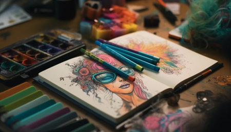 Childhood artist paints vibrant watercolor image indoors generated by artificial intelligenceの素材