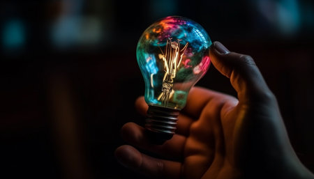 Hand holding glowing electric light ignites inspiration generated by artificial intelligenceの素材