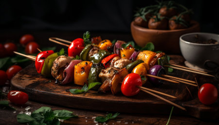 Grilled meat and vegetable skewers, a gourmet meal generated by artificial intelligenceの素材