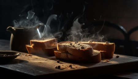 fresh bread with coffee hot generated by artificial intelligenceの素材