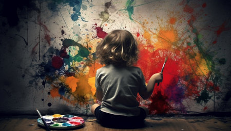 Cute preschool girl painting messy colorful image happily generated by artificial intelligenceの素材