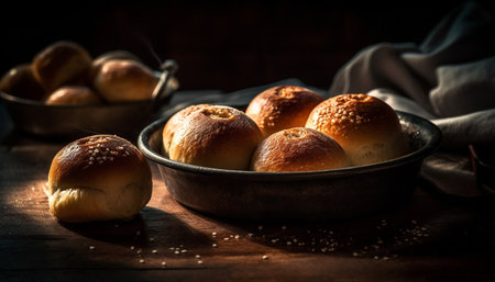 Rustic table displays homemade vegetarian dessert bowl generated by artificial intelligenceの素材