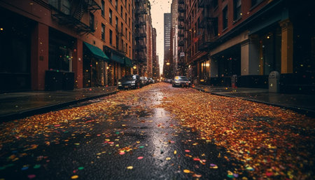 Illuminated skyscrapers reflect on wet city streets generated by artificial intelligenceの素材