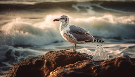 Seagull flying over tranquil waters at sunset generated by artificial intelligenceの素材