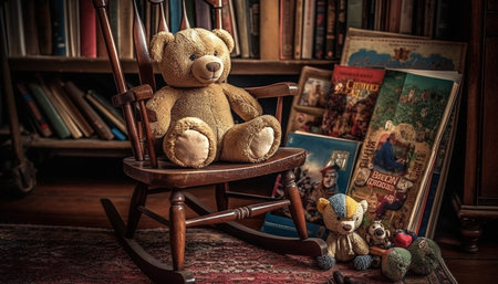 Cute teddy bear sitting on antique bookshelf generated by artificial intelligenceの素材