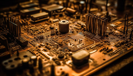 Complex circuit board powers futuristic desktop computer generated by artificial intelligenceの素材