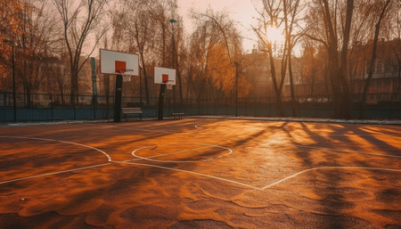 Athlete plays basketball in empty playground at dusk generated by artificial intelligenceの素材