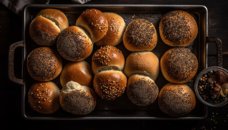 Freshly baked bread, ready to eat, focus on foreground generated by artificial intelligenceの素材