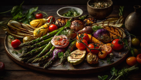 Fresh organic vegetarian salad on rustic wooden plate generated by artificial intelligenceの素材
