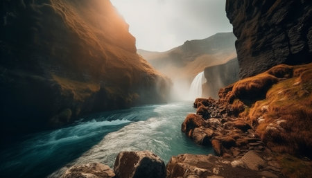 Majestic mountain range, tranquil flowing water, natural beauty generated by artificial intelligenceの素材