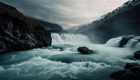 Majestic mountain range, flowing water, beauty in nature generated by artificial intelligenceの素材