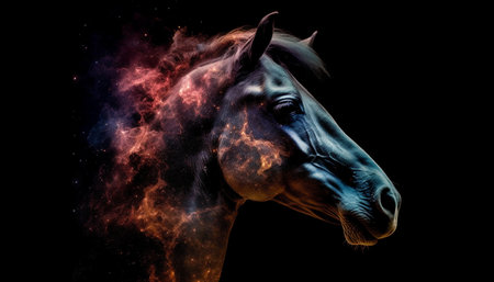 Majestic bay horse running in rural pasture generated by artificial intelligenceの素材