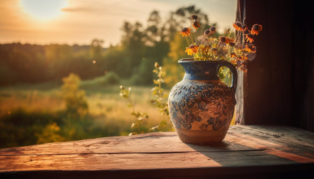 Sunset rustic jug holds fresh wildflower bouquet generated by artificial intelligenceの素材