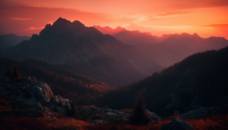 Majestic mountain range, tranquil meadow, serene sunset generated by artificial intelligenceの素材