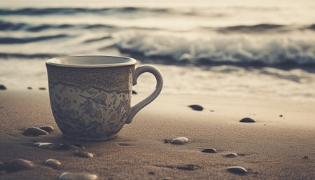 Coffee cup on table, waves crash nearby generated by artificial intelligenceの素材