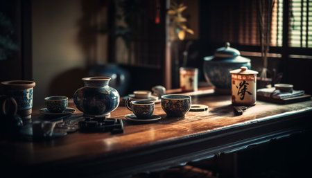 Hot drinks in ceramics, a cozy home generated by artificial intelligenceの素材