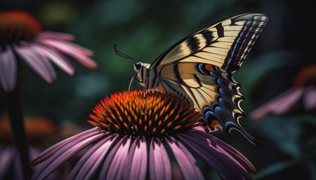Vibrant butterfly pollinates purple coneflower in summer generated by artificial intelligenceの素材