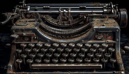 Rusty metallic typewriter types alphabet on paper generated by artificial intelligenceの素材