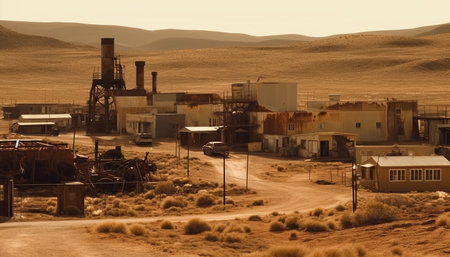 Sunset silhouette of abandoned coal factory machinery generated by artificial intelligenceの素材