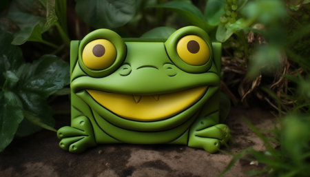 Smiling toad sitting on green grass leaf generated by artificial intelligenceの素材