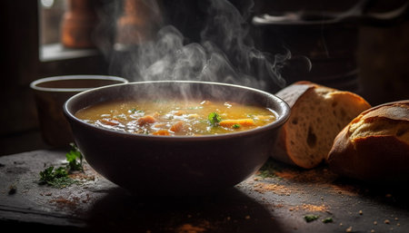 Healthy homemade stew, cooked with organic vegetables generated by artificial intelligenceの素材