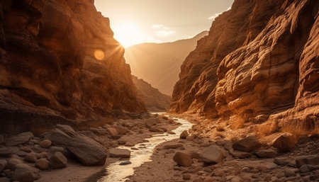 Majestic mountain range, eroded rock, tranquil riverbed generated by artificial intelligenceの素材