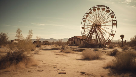 Abandoned old wheel on dry mountain landscape generated by artificial intelligenceの素材