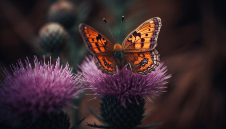 Spotted butterfly feeds on purple thistle flower generated by artificial intelligenceの素材