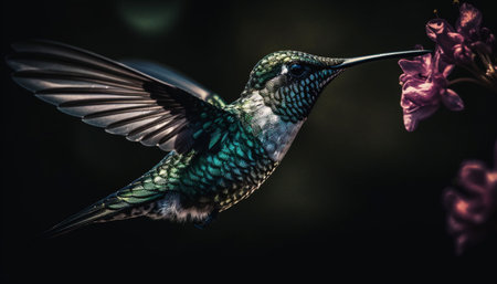 Iridescent hummingbird hovers mid air, pollinating purple flower generated by artificial intelligenceの素材